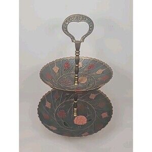 Vintage 2 Tier Brass and Enamel Tray Stand with Handle Made in India